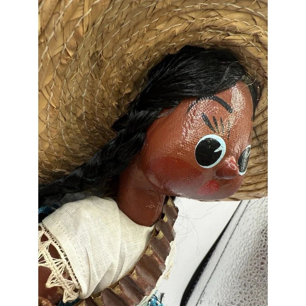 Vintage Jamaican Village Lady Blue Dress Doll w/ Papoose Floppy Hat & Water Jug